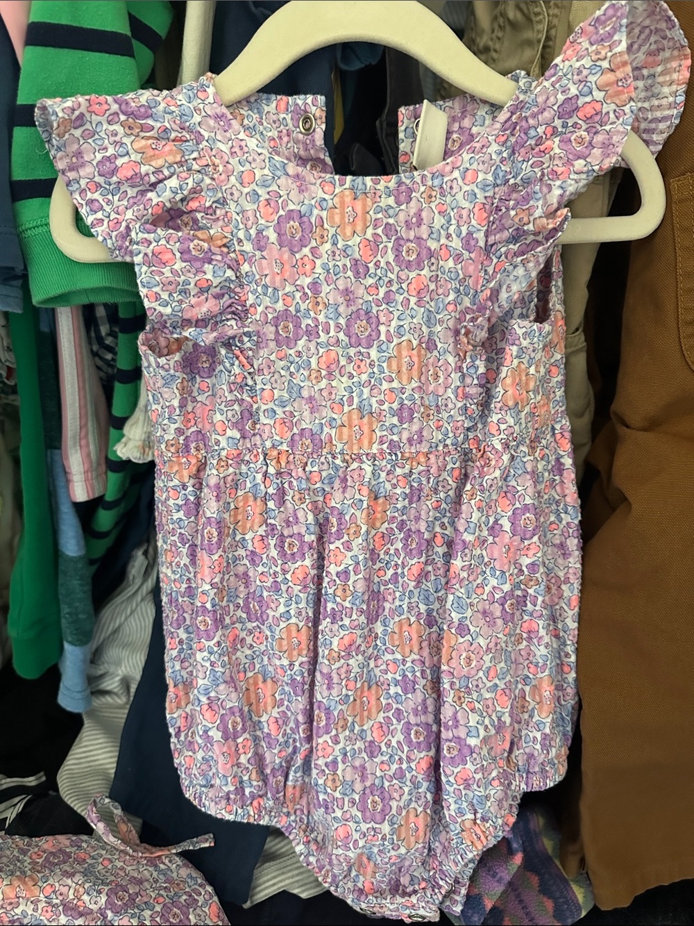 Jojo Maman Bebe Floral Ruffle Baby Girl Romper  with matching hat 6-12 months